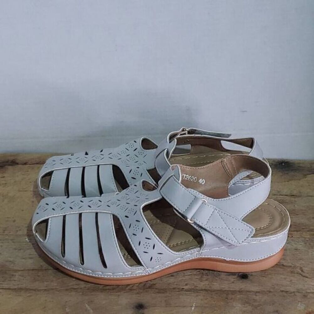 Shibever gray closed toe sandals low wedge‎ comfort shoes boho